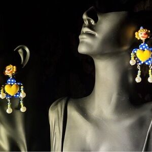 Colorful Yellow Hearts Blue White Polka Dots Clown Silver Earrings